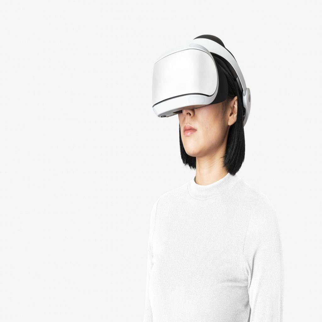 Woman in VR glasses in entertainment technology theme